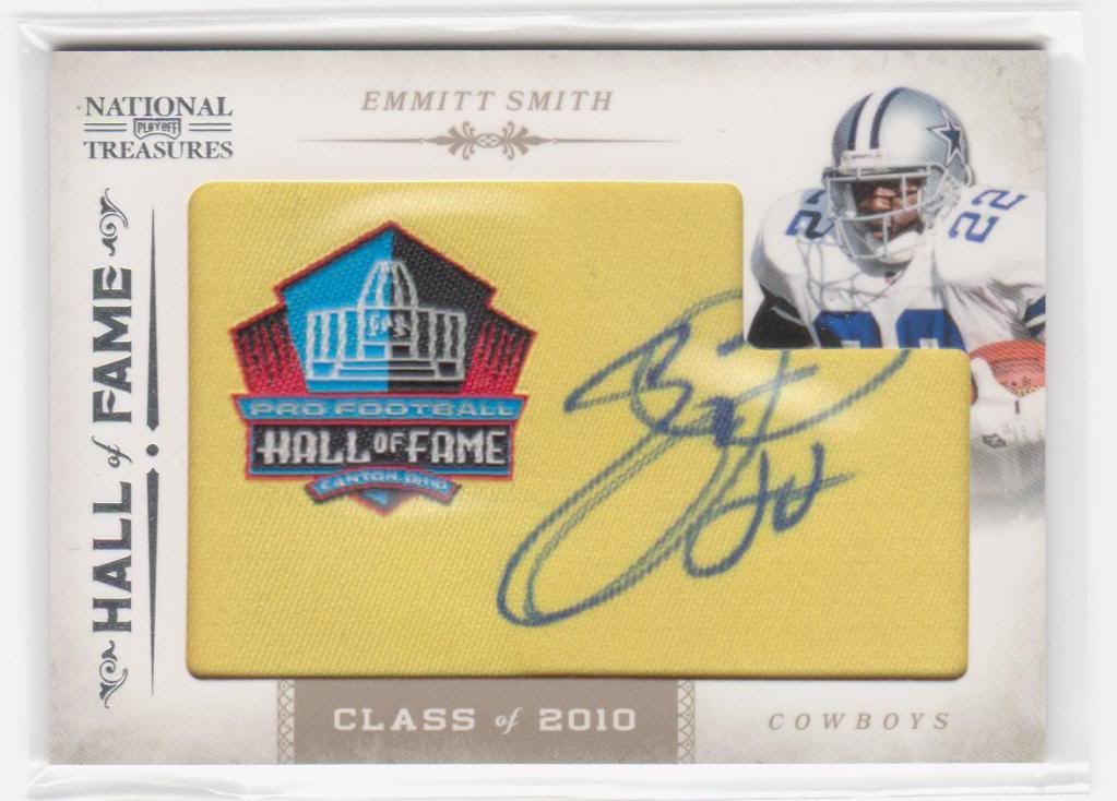 32/37 - 1/5 - 2011 NT Hall of Fame Class of 2010 Fabric Auto, Emmitt Smith - Pulled from 2011 National Treasures football. Case 1 Box 3. This was the very last card in an otherwise uninspiring box. Definite &quot;box saver&quot;-type of card!